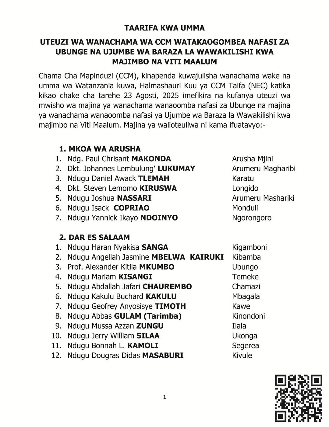 Majina ya wanachama wa CCM watakaogombea nafasi za Ubunge, Ujumbe wa Baraza la Wawakilishi kwa Majimbo na Viti maalum
