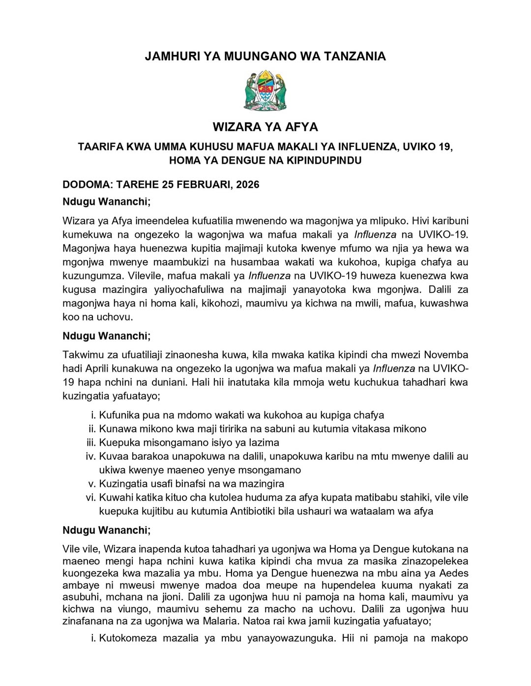 Taarifa kwa umma kuhusu mafua makali ya Influenza, Uviko 19, Homa ya Dengue na Kipindupindu